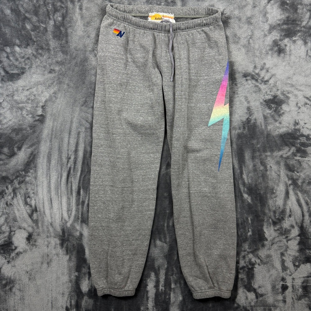 Aviator Nation Sweatpants Mens Large Gray Rainbow Lightning Bolt Joggers